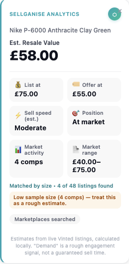 Sellganise Analytics extension card — estimated resale value, pricing suggestions and sell speed on a Vinted listing